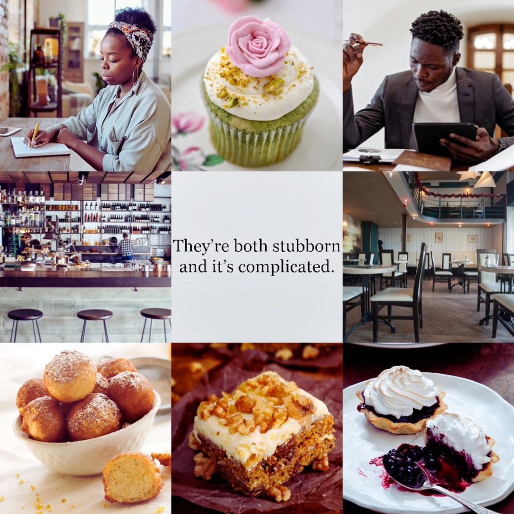 Project Sugar and Spice moodboard

Top row: Black business woman with colorful bandana around her hair scribbling notes down on a notepad; pistachio cupcake decorated with buttercream and a rose made of pink buttercream frosting; black business man in white shirt and gray jacket picking up a pencil and jotting down notes

Middle row: Interior design of a cafe bar; "they're both stubborn and it's complicated" quote; restaurant cafe interior with light coming into the establishment

Bottom row: Zeppole Italian ricotta donuts sprinkled with powdered sugar displayed in a white bowl; piece of carrot cake with buttercream frosting and walnuts on top; homemade blueberry lavender meringue tartlets on a white plate