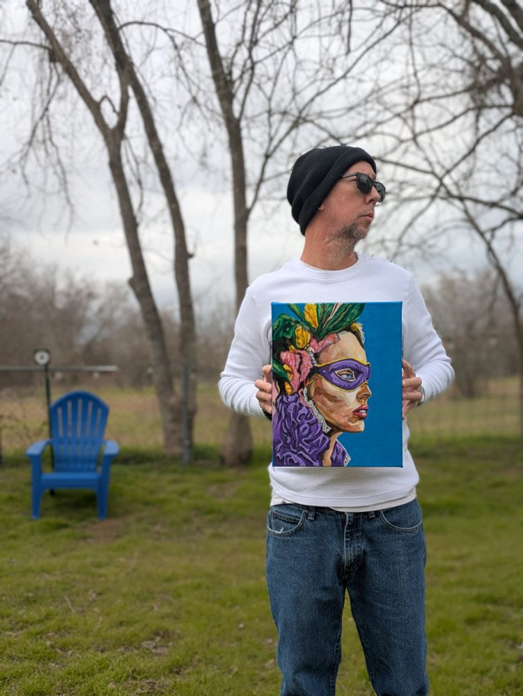 Painting of a female facing right dressed in traditional new orleans mardi gras colors and a mask