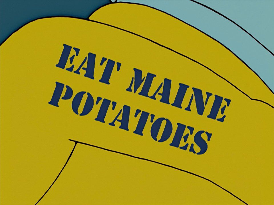 Homer Simpson's arm tattooed with Eat Maine Potatoes