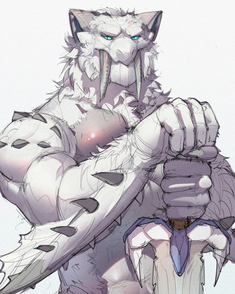 Illustration of an anthropomorphic Frostfang Barioth holding a sword from the Capcom RPG Monster Hunter World: Iceborne