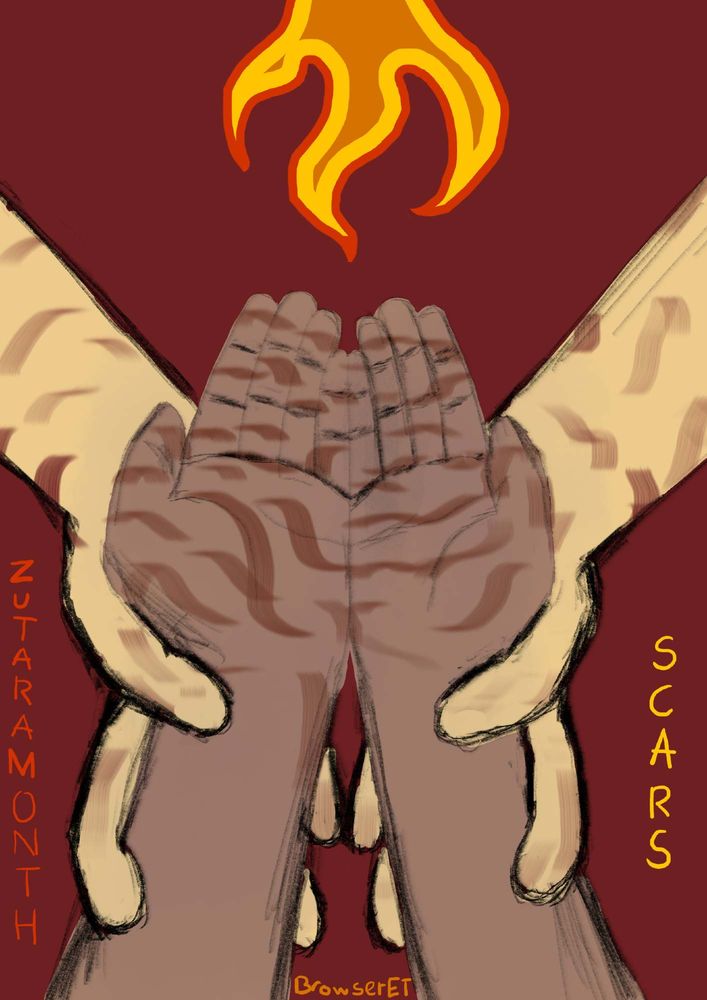 Zuko is gently holding Katara by the wrists. Her hands her palm up. There's a flame coming from above. Both of their limbs are covered in small burn scars.