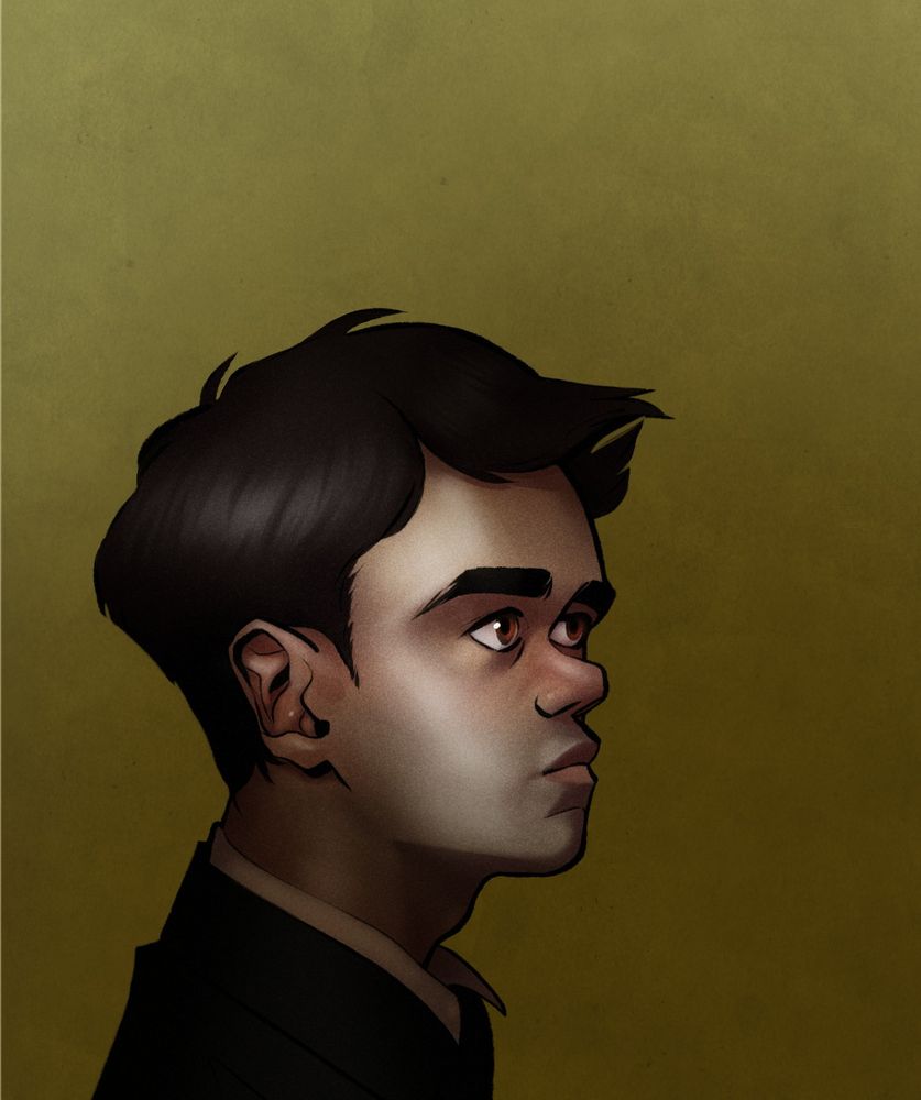 Digital portrait of my OC Nick. He is a white, clean-shaven man with achondroplasia. He has dark hair, olive skin and brown eyes. He is set against an olive-green backdrop, looking off to the right with a neutral expression