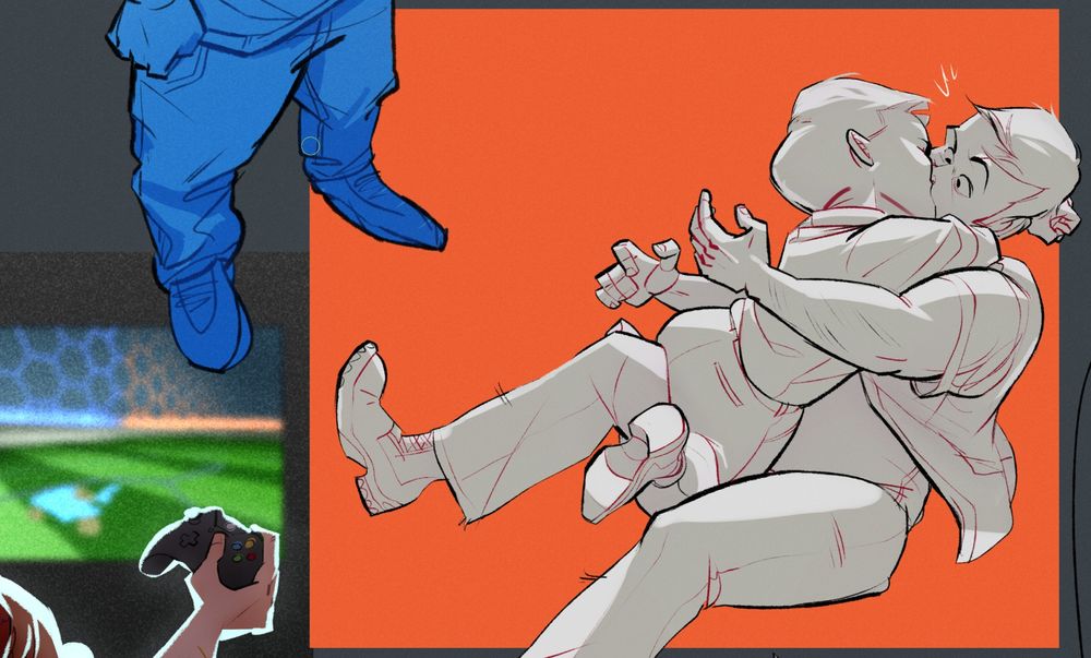 Digital illustration. One man (Nick) sat on the lap of the other, giving him a surprise kiss, causing the other man (Mark) to lean back, his arms and one out in surprise.