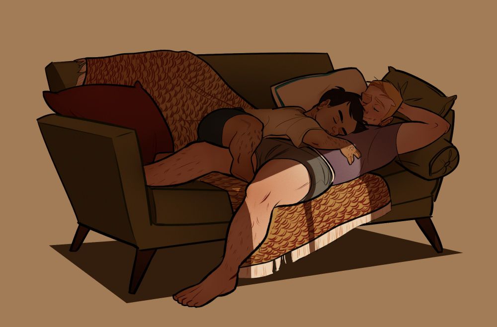 A digital illustration of my two OCs, Nick and Mark, lazing on a sofa together, with the suggestion of the morning sun shining on them through a window pane. Nick is fully asleep, draped on top of Mark, as Mark squints his eyes open, resting his head on his arm and smiling slightly.
