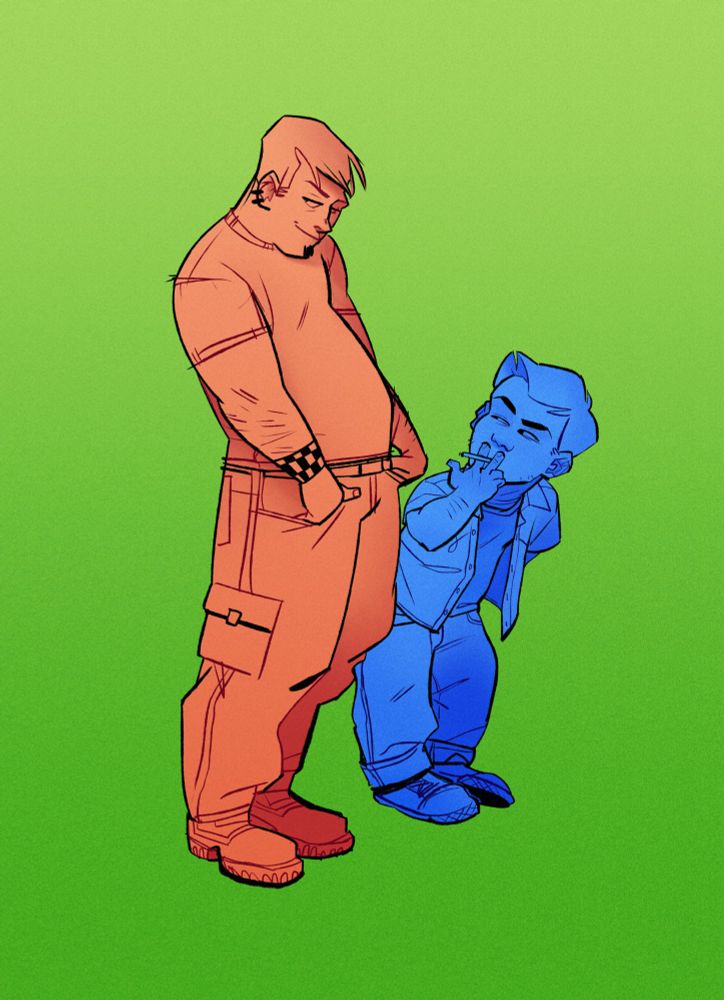 Digital illustration of two figures standing. On the Left is Mark, coloured in orange, leaning slightly back with his hands in his pockets with a smug smile on his face. To his left is Nick, coloured in blue. He leans forward, smoking a cigarette as he squints at something off-screen