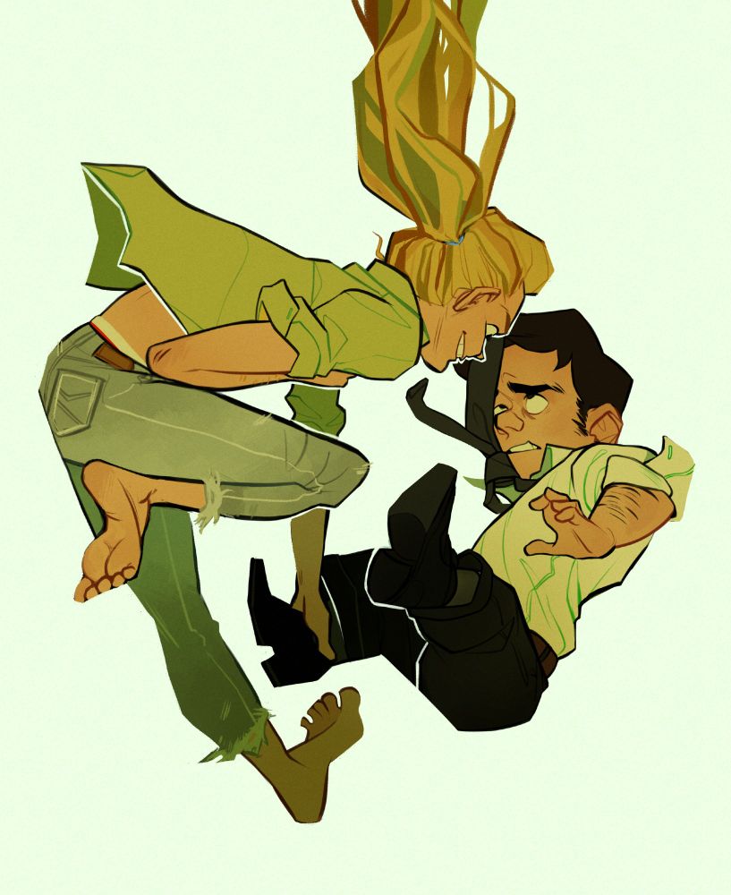 Digital illustration. Two figures seemly falling, one being a tall woman (Linda) on the left, with a menacing grin on her face, grabbing the ankle of the other figure (Nick), a small man dressed formally, who looks up at her with fear.