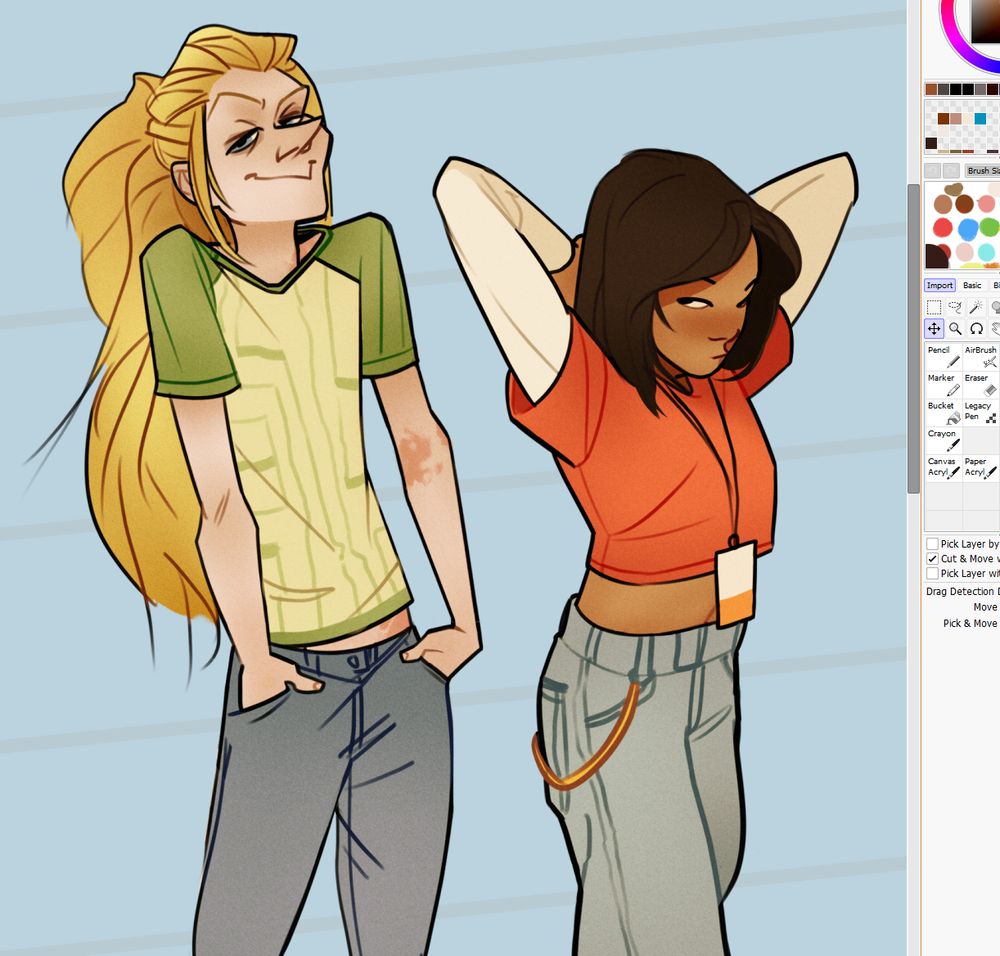 A screenshot of Paint Tool SAI, showing two characters: on the left a tall skinny white woman (Linda) with dark circles round her eyes and eczema on her inner elbow, on the right a younger and shorter Asian girl (Hannah) with shoulder-length black hair, wearing a passcard on a lanyard round her neck. Both are dressed in jeans and t-shirts.