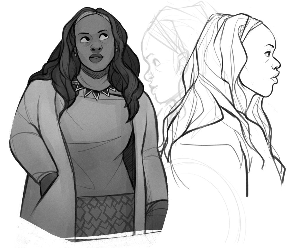 Greyscale digital illustration of a middle-aged black woman with long wavy hair kept out of her face with a thin headband. She's dressed simply in a cardigan and patterned skirt + top. 
