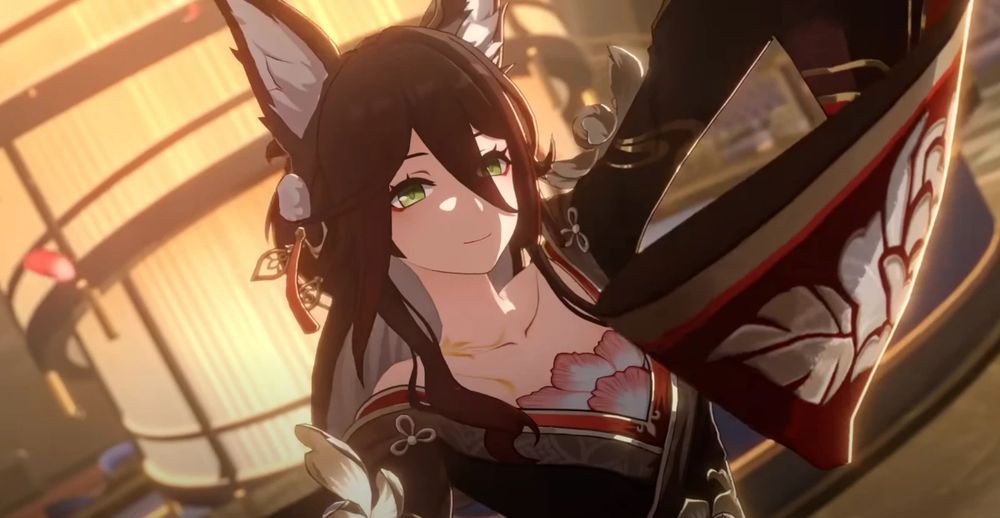 Fugue from Honkai star rail staring confidently to the side of a tilted camera