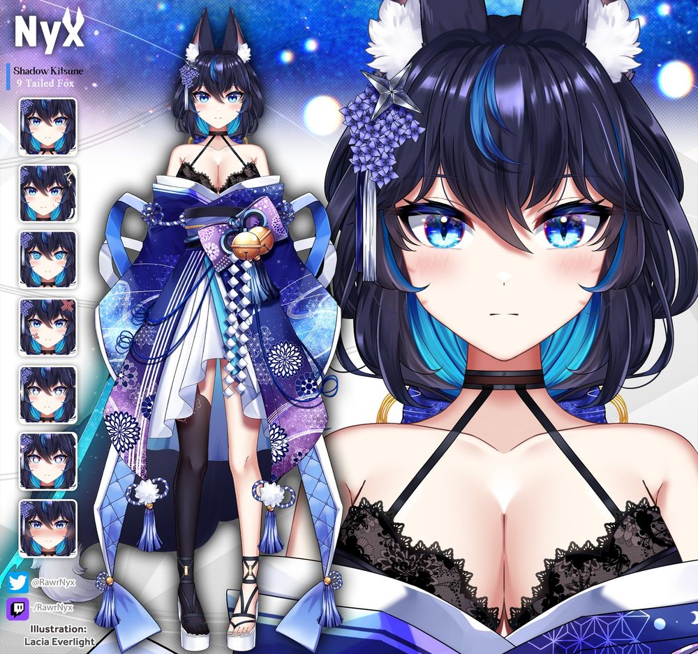 A model sheet of the final model using the cyberpunk outfit. Included are expressions. The character is a kitsune with black hair that has a blue underglow. Her hair is tied back in a ponytail that rests behind her. A bow can be seen holding it together. She wears a metallic star with wisteria flowers in her hair. She wears a blue, purple, and white kimono style outfit with bells. The kimono has accepts along the sleeves that resemble stars and galaxies. 