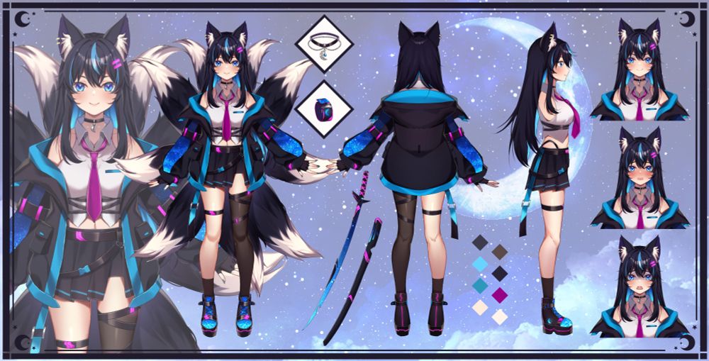 A reference sheet with front, back, and side views as well as expressions. The character is a nine tailed kitsune with black hair that has a blue underglow. She is wearing a thick techwear jacket that is mostly black, with light blue and purple accents. She wears a purple tie  and a collared shirt under that, with the collar partially open to show off a necklace. She wears a short skirt that opens partly to reveal shorts. She has stars and galaxies on both her jacket and her shoes.