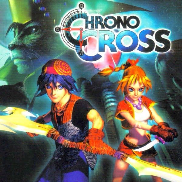 The cover of Chrono Cross, featuring Serge, a young man with blue hair holding out a dual blades weapon, Kid, a blonde young woman with a knife, and looming ominously in the background, Lynx, an anthropomorphic cat person.
