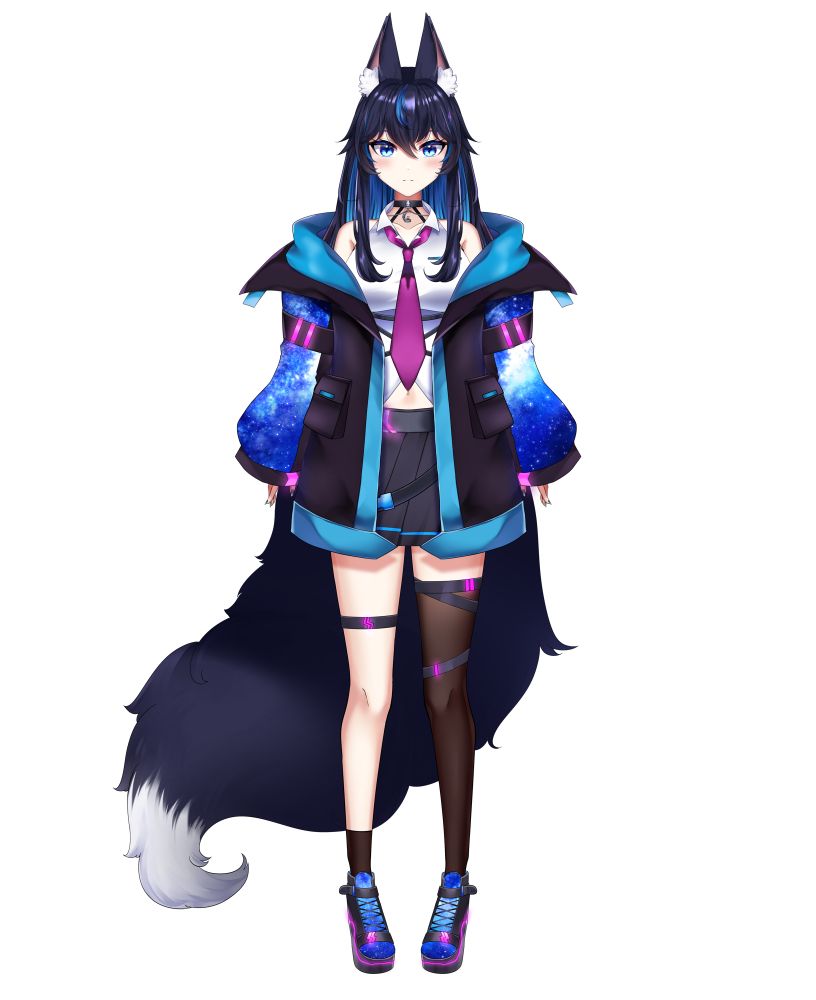 A fox vtuber, Nyx Alanisia. She is dressed in a techwear style outfit that is mostly black with blue accents and sleaves that look like a sea of stars. Her long dark hair is down. She is wearing a purple loose tie, and a choker that has a fox on the moon charm attached to it