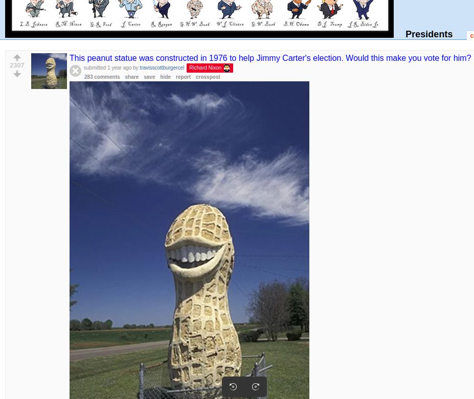 the result page of that search, which is a reddit post to r/presidents with a picture of the 1976 Jimmy Carter Peanut Statue