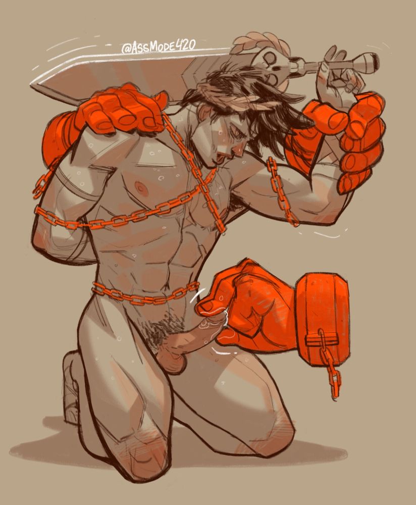 Zagreus from the video game “Hades” is chained up and forced to his knees. He is held by three Wringers, large floating hands that glow with an infernal orange hue. One of the hands holds Zagreus down and the chains in place, the second succesfully wrestles the stygian blade from Zagreus’ hand. The third uses its thumb and first two fingers to stroke his cock. Drenched in sweat, he moans with pleasure.