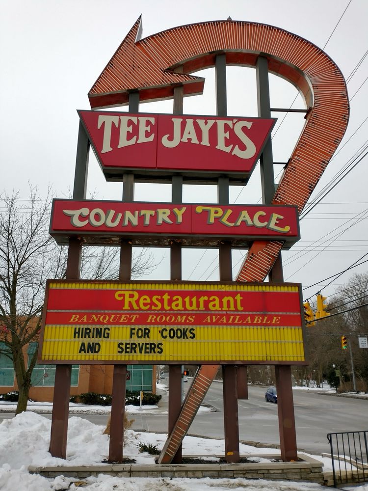 Restaurant sign for Tee Jaye’s country place restaurant in Clintonville Ohio.