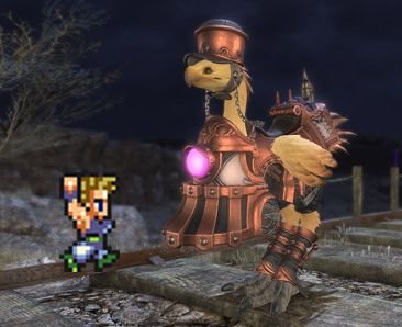 Final Fantasy XIV screenshot. A chocobo is wearing barding (armor) that makes it look like a steam train. A sprite of Sabin from Final Fantasy VI is superimposed to appear as though he is about to suplex it.