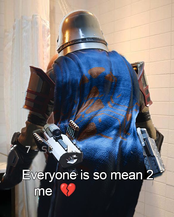 "Everyone is so mean 2 me" meme. A Helldiver is standing in a shower, their cape flowing in a way that mimics large buttocks.