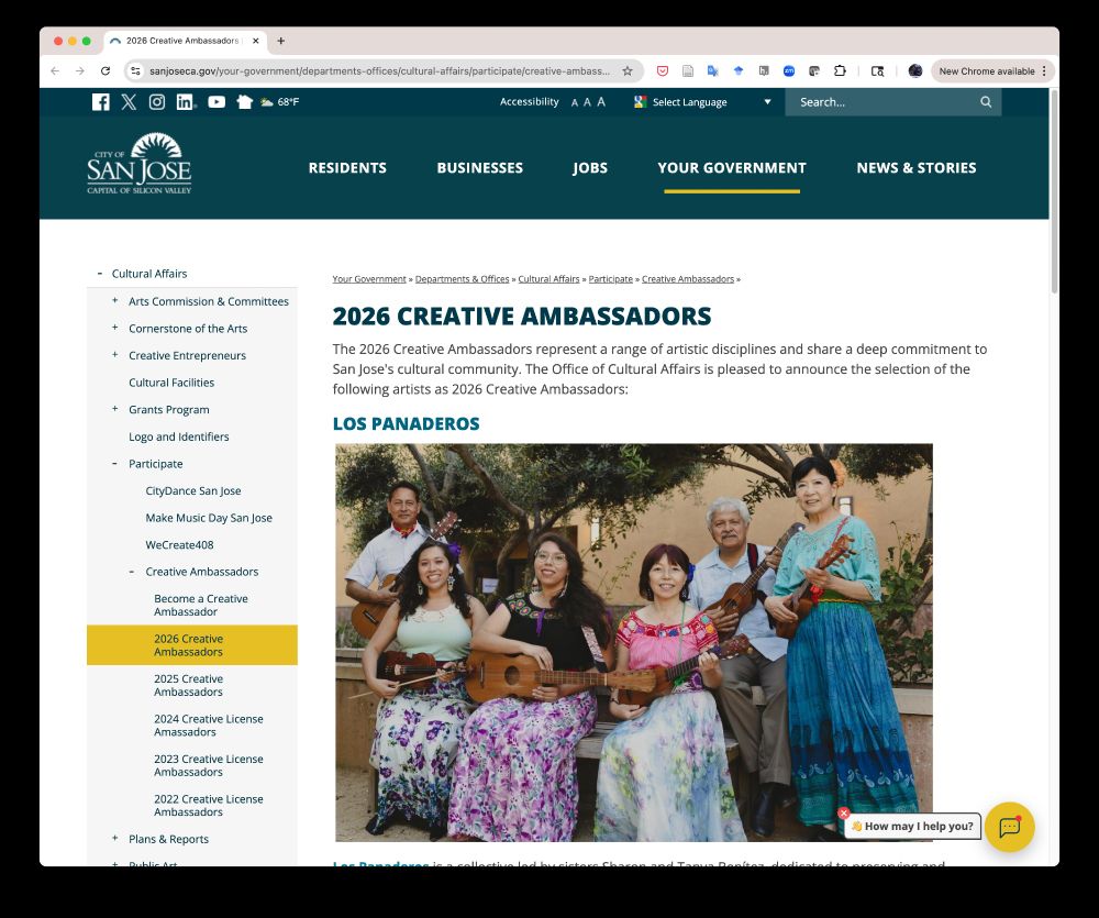 Screenshot of https://www.sanjoseca.gov/your-government/departments-offices/cultural-affairs/participate/creative-ambassadors/2026-creative-ambassadors