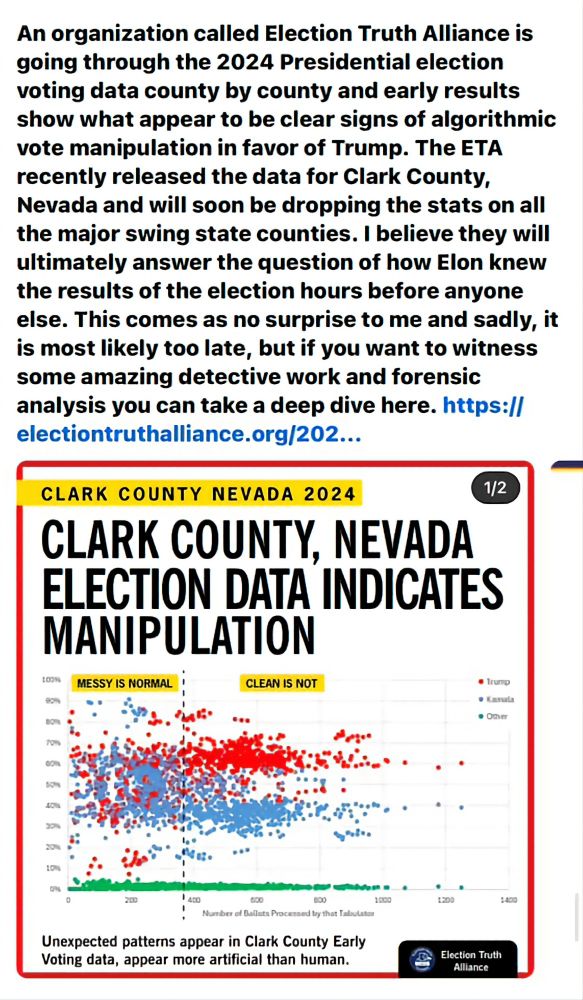 A graph shows an abnormal voting results pattern in Clark County, Nevada. A pattern like this occurs when there has been manipulation. 