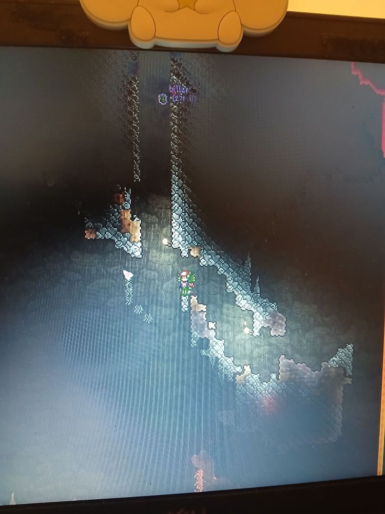 Photo of a computer screen where I'm playing terraria and I've mined down near lava