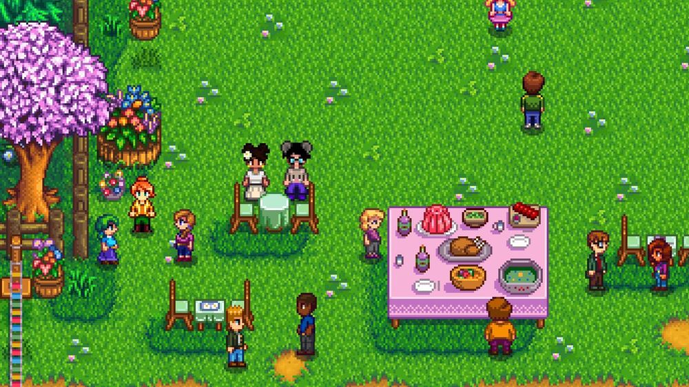 Screenshot from the game Stardew Valley of two players' characters at the Spring Dance