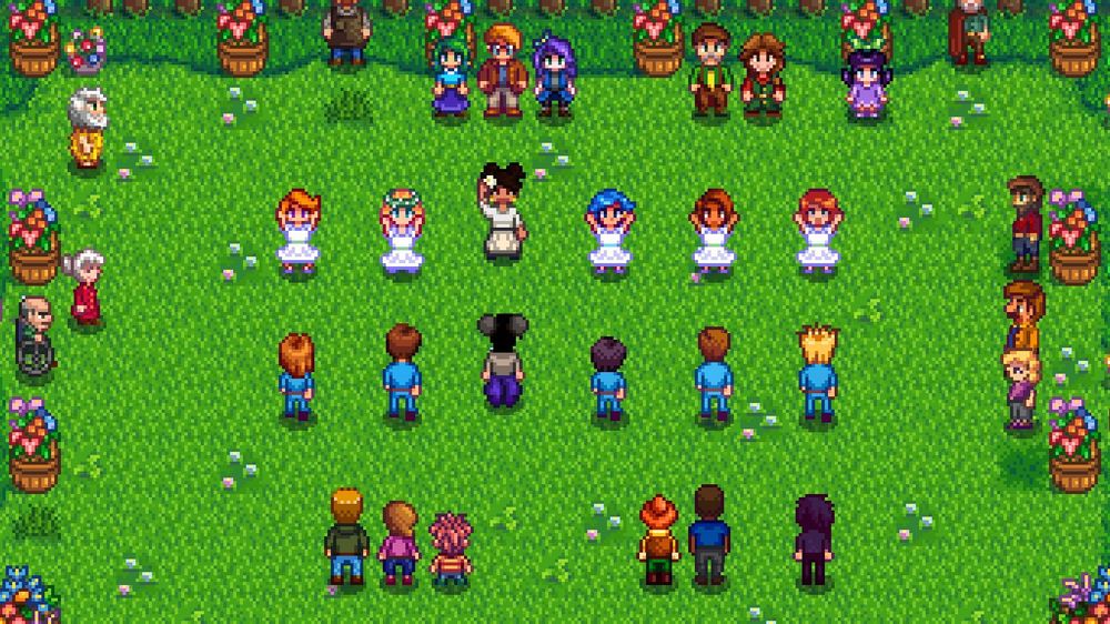 Screenshot from the game Stardew Valley of two players' characters at the Spring Dance