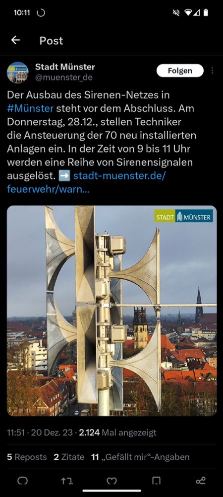 Tweet der Stadt Münster zur Installation der Sirenen