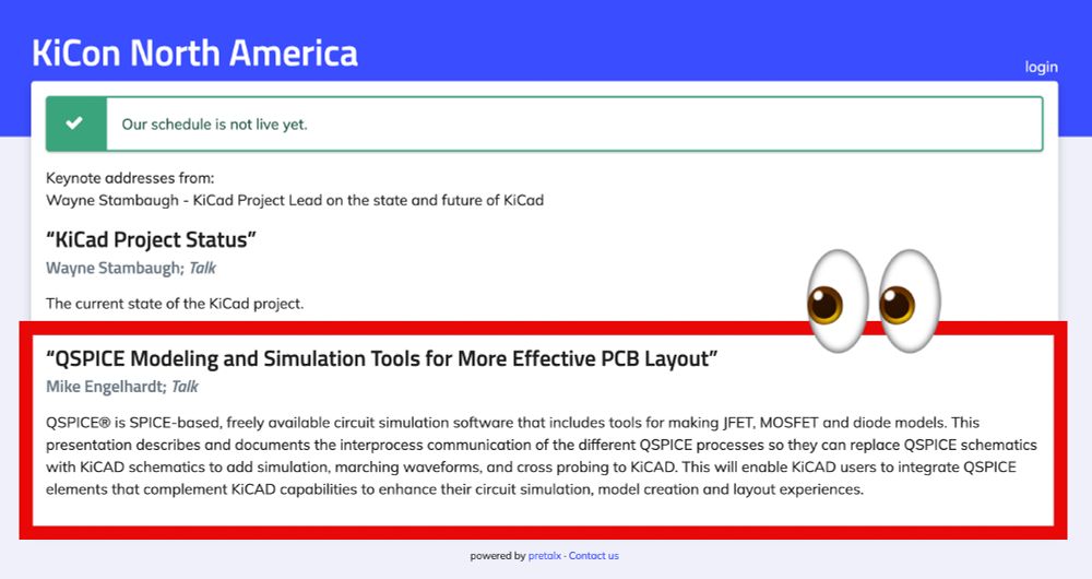 “QSPICE Modeling and Simulation Tools for More Effective PCB Layout”
Mike Engelhardt; Talk

QSPICE® is SPICE-based, freely available circuit simulation software that includes tools for making JFET, MOSFET and diode models. This presentation describes and documents the interprocess communication of the different QSPICE processes so they can replace QSPICE schematics with KiCAD schematics to add simulation, marching waveforms, and cross probing to KiCAD. This will enable KiCAD users to integrate QSPICE elements that complement KiCAD capabilities to enhance their circuit simulation, model creation and layout experiences.