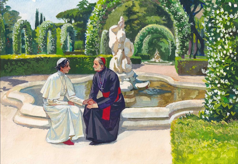 Painting of Benitez and Lawrence of conclave(2024), in conversation, while holding their hands, in the Vatican garden