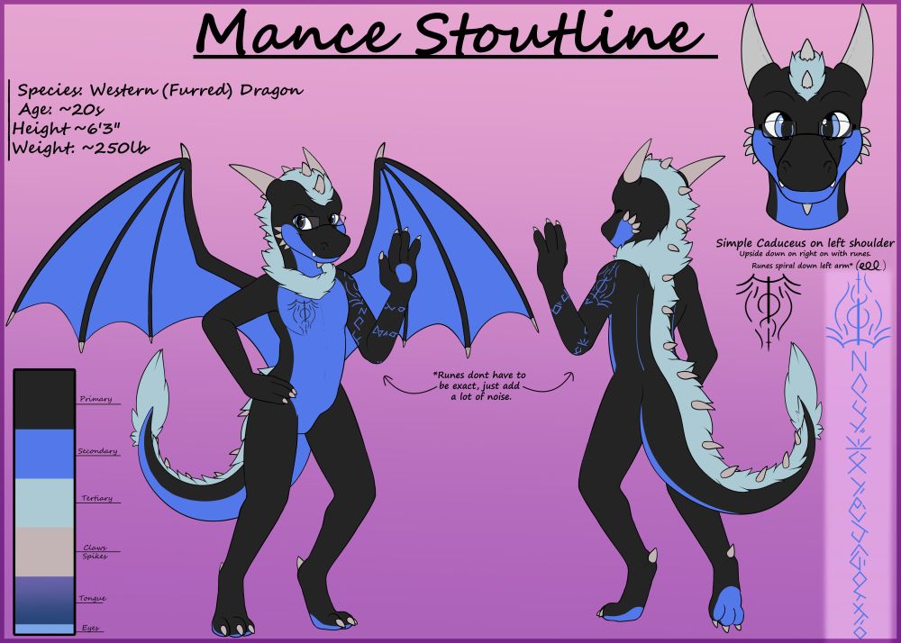 Reference sheet of Mance, a Black and Blue Dragon.