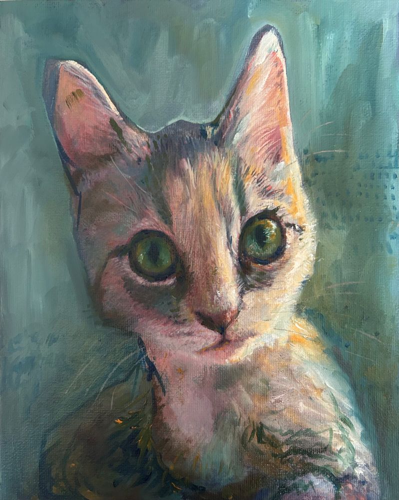 A portrait painting of a young cat with a green background. The cat has big eyes staring in our general direction with warm light capturing her face and part of her body from the right side. 