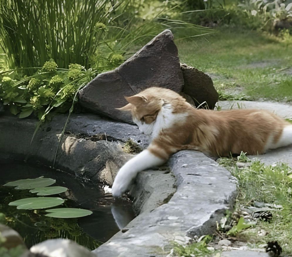 A photo of a cat by a pond. The composition is the same as in the painting. Photographer unknown 