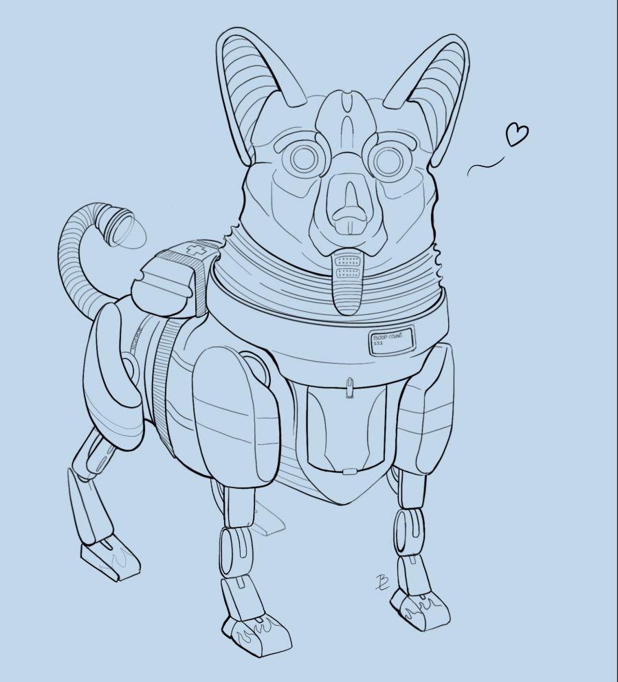 The first model of the Civilian Oriented Guidance & Relief Robodog, or C.O.R.G. I. A line art illustration of a robotic corgi. The drawing shows the robot at an angle. The robot has a small box for storage in the front and a lamp as a tail. The tongue sticks out, functioning as a speaker system. Someone painted fire on the paws. Perhaps it helps him walk faster. 
