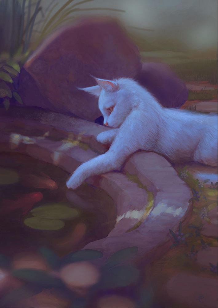 A digital painting of a white cat looking at fish in a pond. We see the cat from a side angle. The pond is on the left side of the painting and the cat on the right. Sunlight dapples on stones surrounding the pond. The fish seem curious about the cats paw, which hangs above the water. Surrounding the pond we see paving stones, bushes, large rocks and small flowers