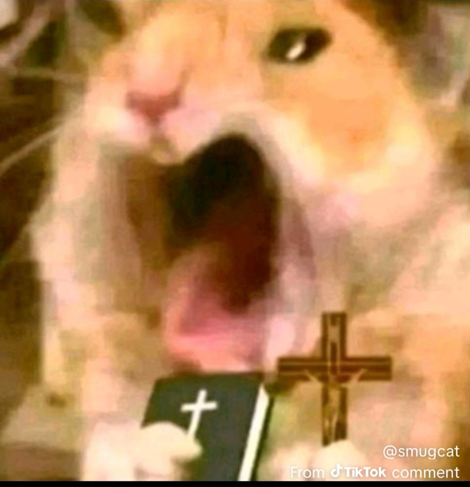A distorted, Photoshopped hamster holding up a crucifix and green Bible while appearing to scream. 