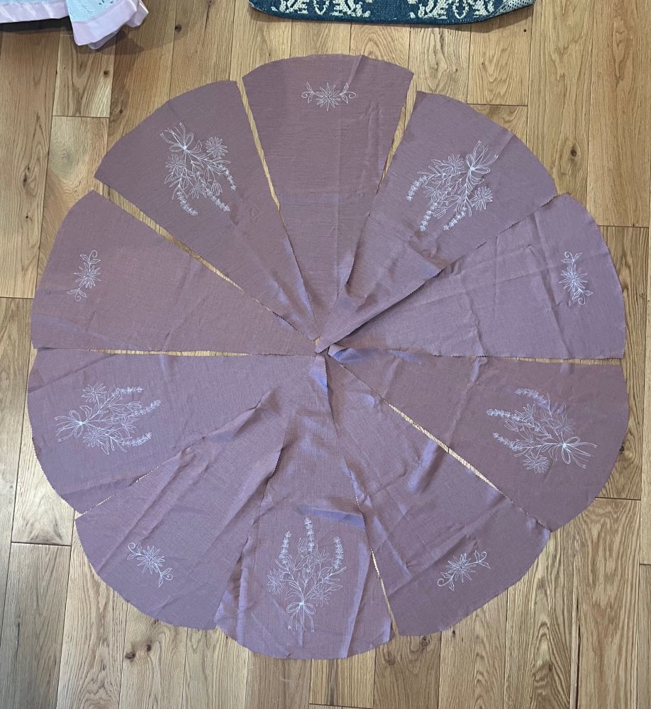 Ten fabric panels, each with a design traced on. They are laid out like pie slices, to give an idea of the finished product 