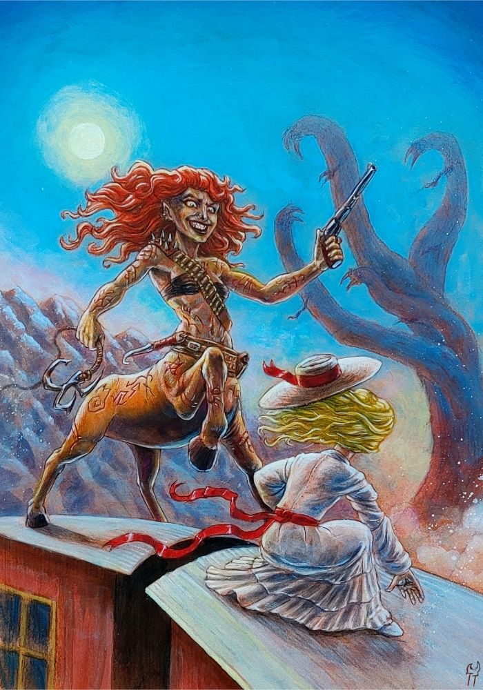 Art image for "That Bloody Frontier" episode of the Drabblecast. A centaur with tattoos stands atop a train car brandishing a gun and grappling hook. A woman cowers in front of the centaur in a white dress and hat. The train appears to be moving quickly, as the wind whips against the figures. In the distance, we can see a mountain and a bizarre tentacle emerging from the clouds. 