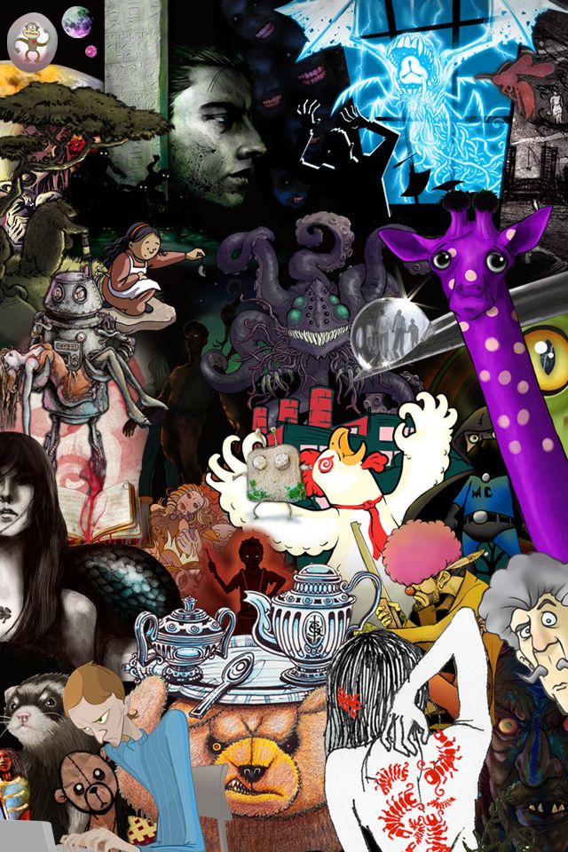 A collage of various pieces of episode art from Drabblecast director BO Kaier. Most prominent are a screaming chicken, an angry teddy bear, a purple giraffe, a tentacle monster. All are in a variety of styles.  