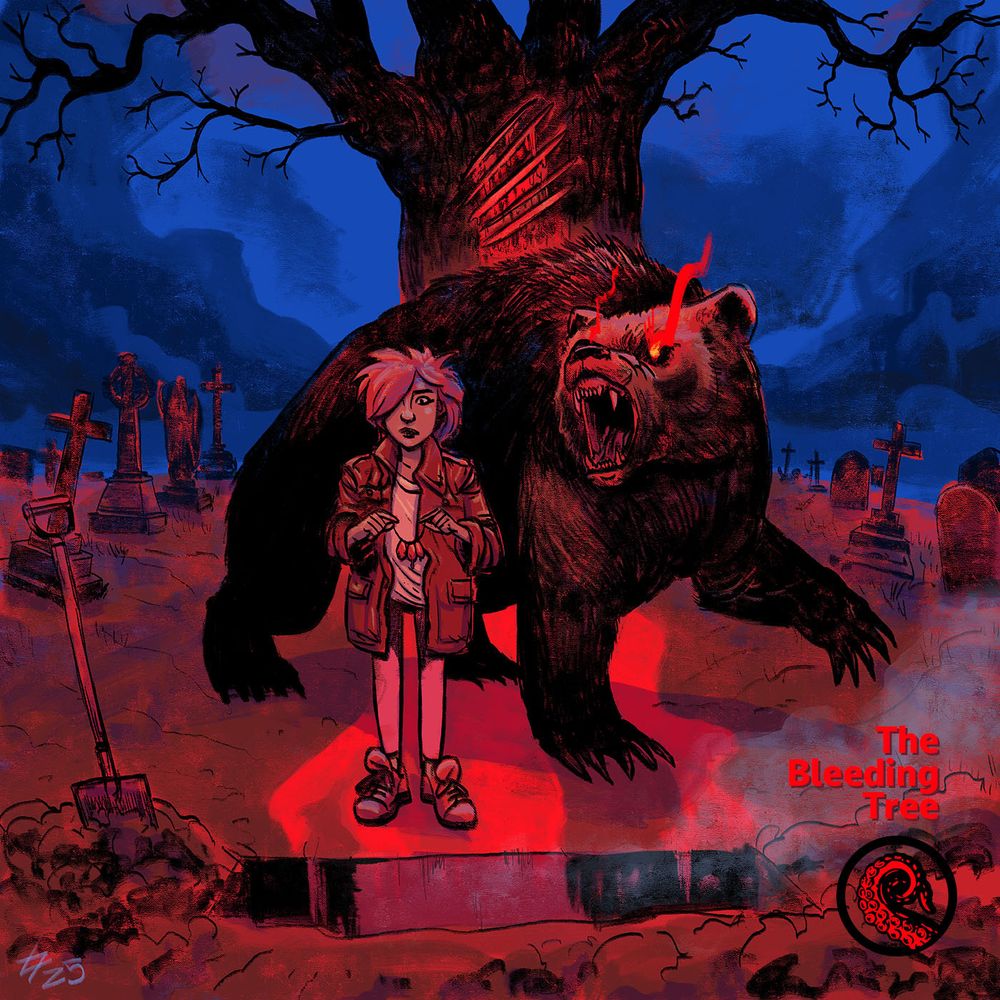 A bear and a girl are centered in the image. In front of them in the foreground is an open grave, dirt and shovel on the side. Behind them is a large looming tree with large gouge marks. The style is hand drawn and mainly red colored with a blue cloudy evening sky. The bear is snarling and has his paw raised. The little girl is worried, looking down at the grave. 