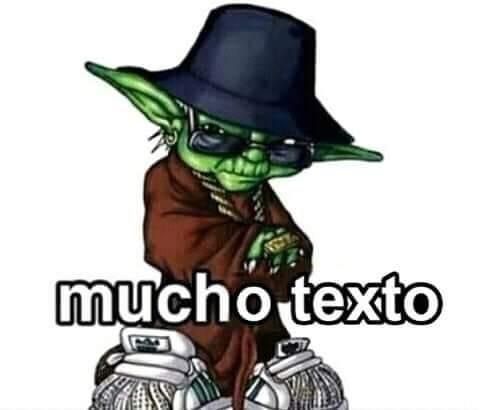 mestre Yoda, uma alienígenas Verde baixinho está vestindo o chapéu preto óculos escuros correntes e tênis enormes. 

Na legenda le-se MUCHO TEXTO
