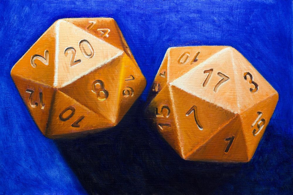 Oil Painting, duo copper D20 dice on a cerulean blue background.  