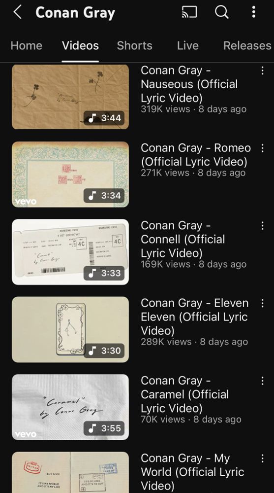 The YouTube lyric videos for Conan Gray’s album ‘Wishbone’