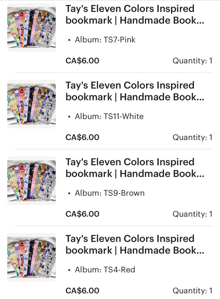 A screenshot of my Etsy bookmark purchase for four Taylor Swift albums!