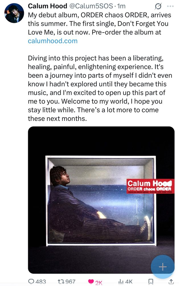 Tweet in which Calum Hood from 5SOS announces his new solo album