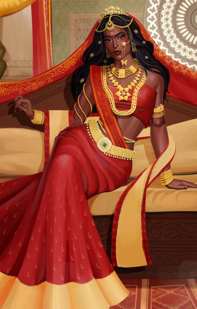 Draupadi wearing a red sari, lounging on a throne