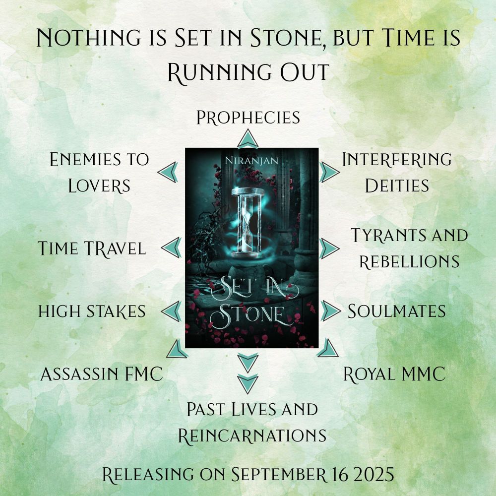 A graphic with a green background with the cover of Set in Stone by Niranjan at the centre. The following text is on the graphic around the cover with green arrowheads pointing to them 