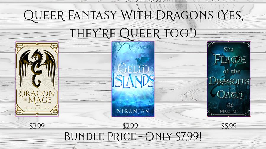 Three book covers displayed on a wooden background. The first book on the left is titled The Dragon and the Mage by Niranjan with a price of $2.99, featuring a black dragon. The middle book is titled Gelid Islands by Niranjan, priced at $2.99, with a blue and white cover. The book on the right is titled The Flame of the Dragon's Oath by Niranjan, priced at $5.99, with a dark cover with a dragon silhouette. Above the books, the text reads QUEER FANTASY WITH DRAGONS (YES, THEY'RE QUEER TOO!). Below the books, the text reads BUNDLE PRICE - ONLY $7.99!
