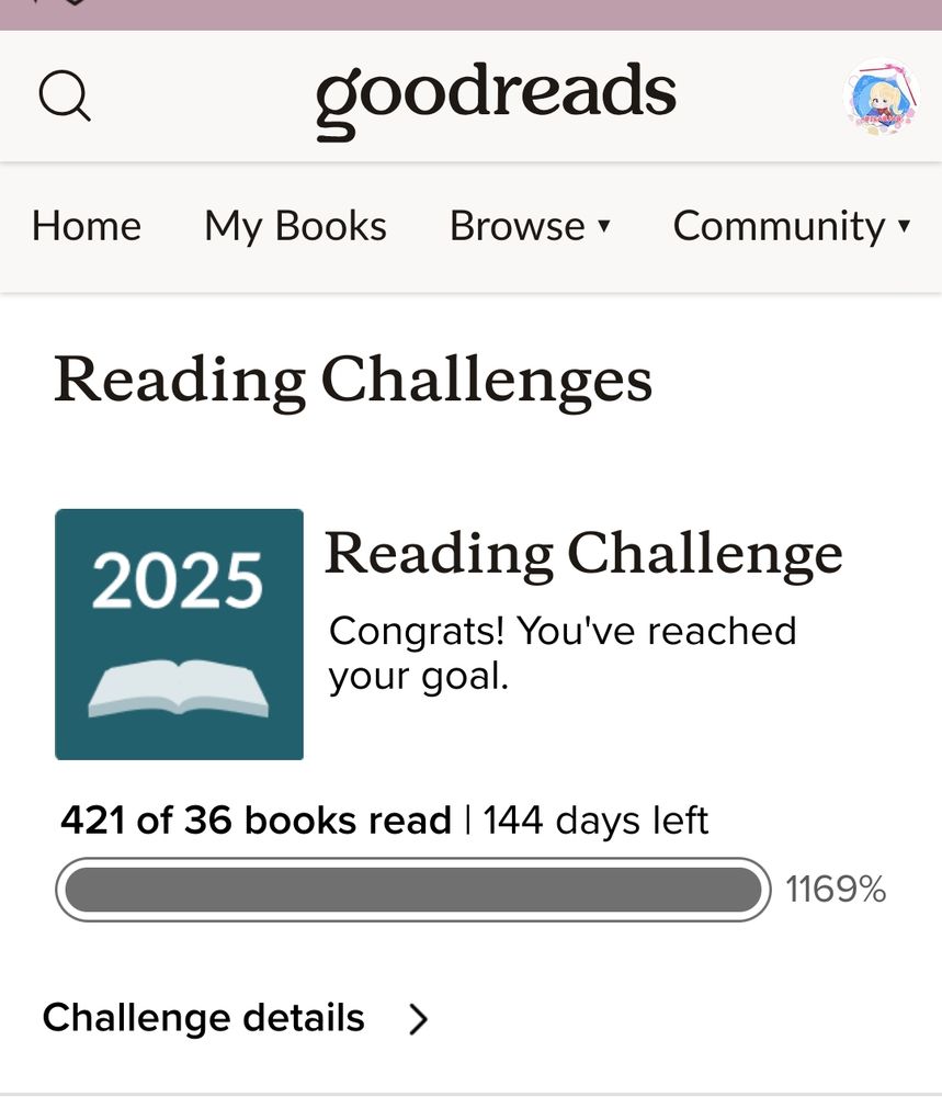 A screenshot of Goodreads reading challenge 2025 which shows a progress bar with notation 421 of 36 books read 144 days left and 1169%