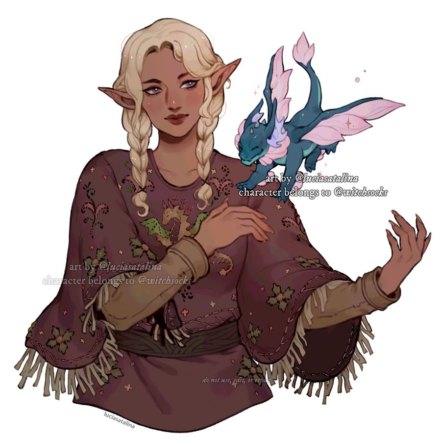wood elf with brown skin, blonde hair, and purple eyes. she is wearing a maroon buckskin poncho with embroidered dragon embellishments. she is accompanied by a greenish blue/teal fae dragon.
